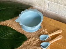 Load image into Gallery viewer, Chompy Dinosaur Bowl & Cutlery Set - Baby Blue