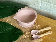 Load image into Gallery viewer, Chompy Dinosaur Bowl & Cutlery Set - Blush