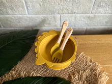 Load image into Gallery viewer, Chompy Dinosaur Bowl & Cutlery Set - Mustard