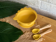 Load image into Gallery viewer, Chompy Dinosaur Bowl & Cutlery Set - Mustard