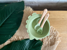 Load image into Gallery viewer, Chompy Dinosaur Bowl & Cutlery Set - Sage