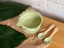 Load image into Gallery viewer, Chompy Dinosaur Bowl & Cutlery Set - Sage