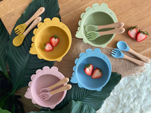 Load image into Gallery viewer, Chompy Dinosaur Bowl & Cutlery Set - Blush