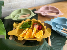 Load image into Gallery viewer, Steggy Dinosaur Plate & Cutlery Set - Baby Blue