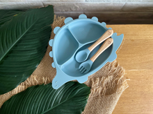 Load image into Gallery viewer, Steggy Dinosaur Plate & Cutlery Set - Baby Blue
