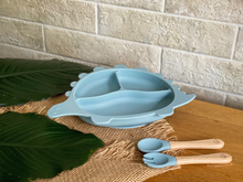 Load image into Gallery viewer, Steggy Dinosaur Plate & Cutlery Set - Baby Blue