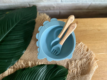 Load image into Gallery viewer, Chompy Dinosaur Bowl &amp; Cutlery Set - Baby Blue
