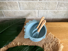 Load image into Gallery viewer, Chompy Dinosaur Bowl &amp; Cutlery Set - Baby Blue
