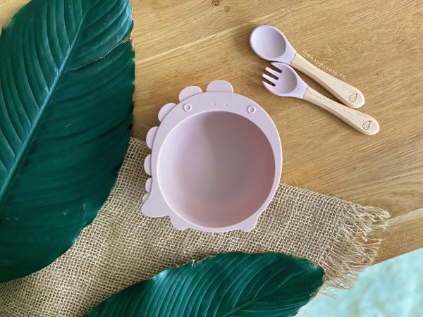 Chompy Dinosaur Bowl & Cutlery Set - Blush