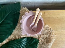 Load image into Gallery viewer, Chompy Dinosaur Bowl &amp; Cutlery Set - Blush
