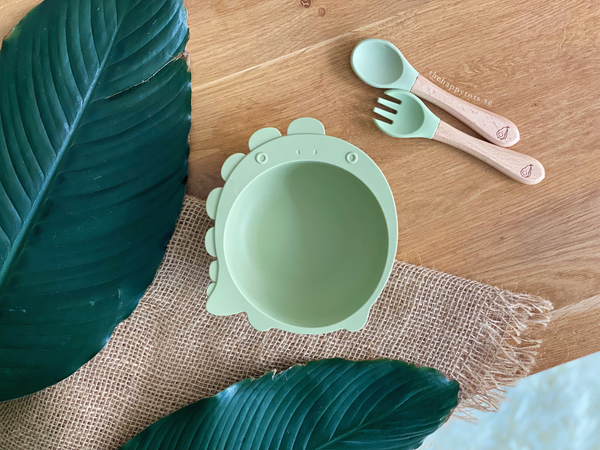 Chompy Dinosaur Bowl & Cutlery Set - Sage