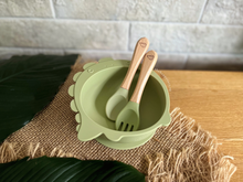 Load image into Gallery viewer, Chompy Dinosaur Bowl &amp; Cutlery Set - Sage
