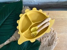 Load image into Gallery viewer, Steggy Dinosaur Plate &amp; Cutlery Set - Mustard
