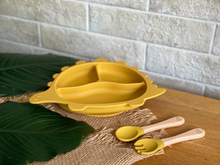 Load image into Gallery viewer, Steggy Dinosaur Plate &amp; Cutlery Set - Mustard
